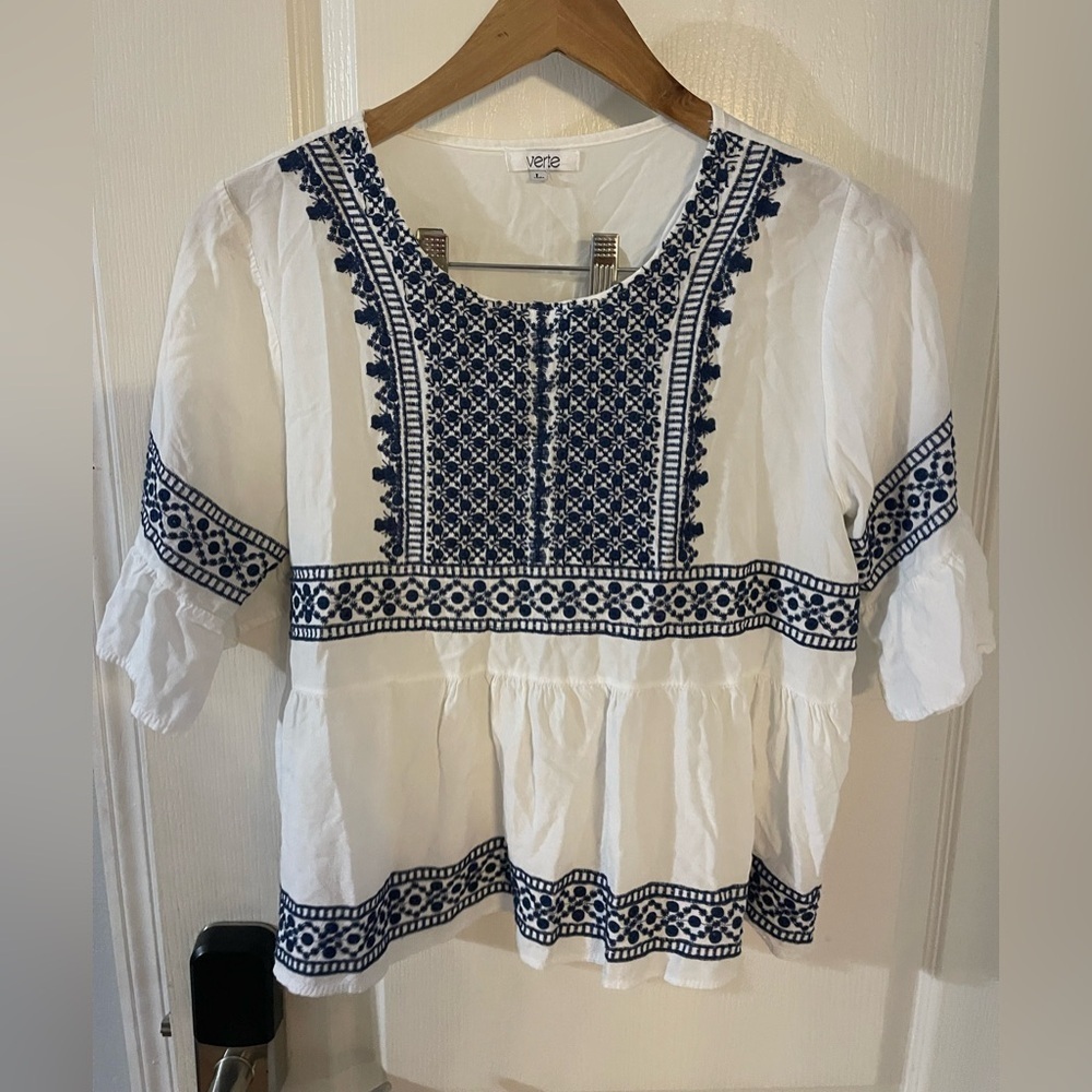 White and Navy Embroidered Women's‎ Blouse